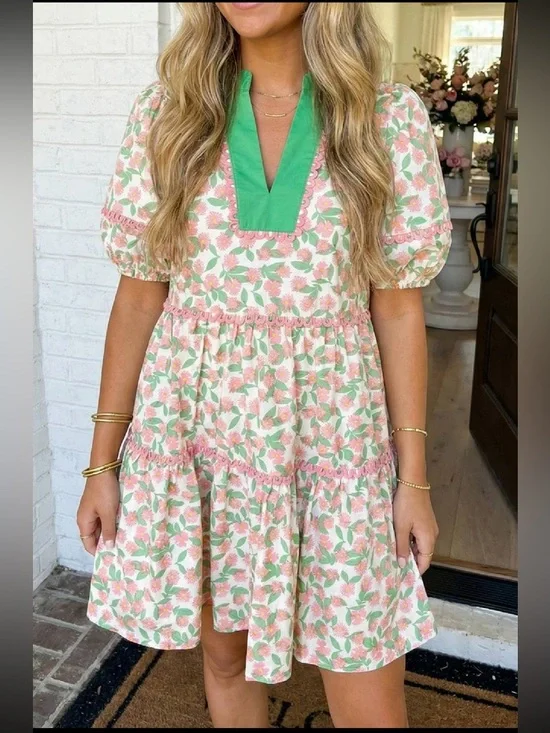 LA Society Green Missy Ricrac Trim Floral Puff Sleeve Dress - Picture 2 of 4